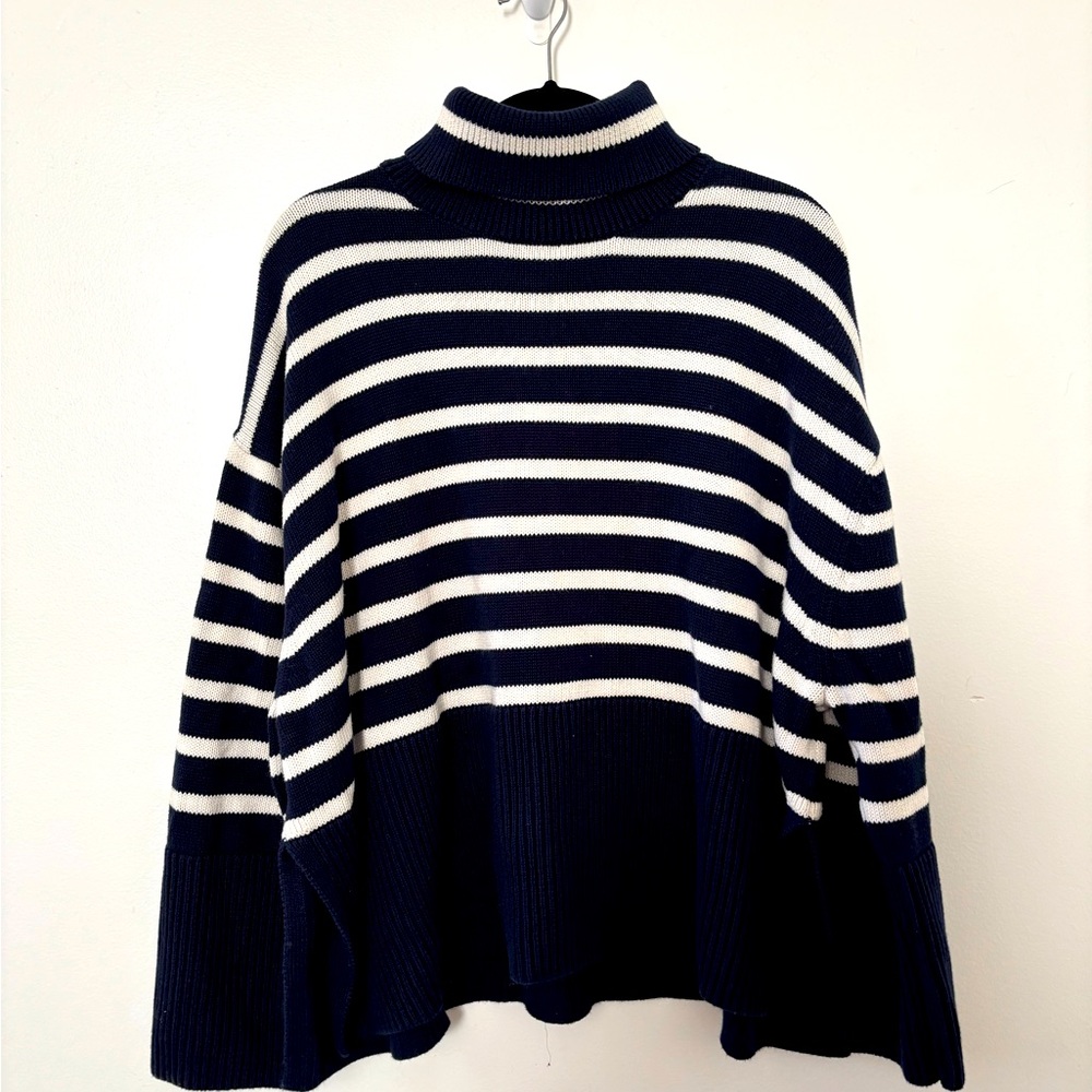 GAP 100% Cotton Navy and White Striped Turtleneck Sweater XL lightley worn